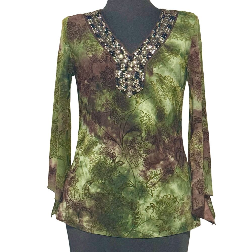 Y2K Sami Jo Womens Blouse Medium Green Brown Velvet Burnout Crystals Fairygrunge